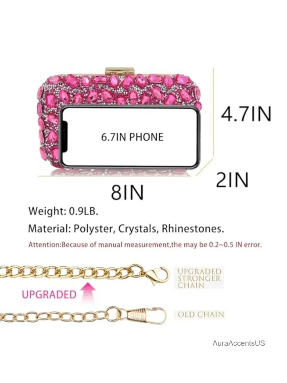 Crystal Clutch Evening Bag with Gold Frame and Chain Strap